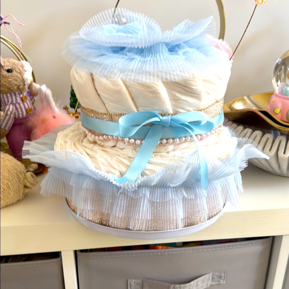 Elegant Blue and Cream Diaper Cake